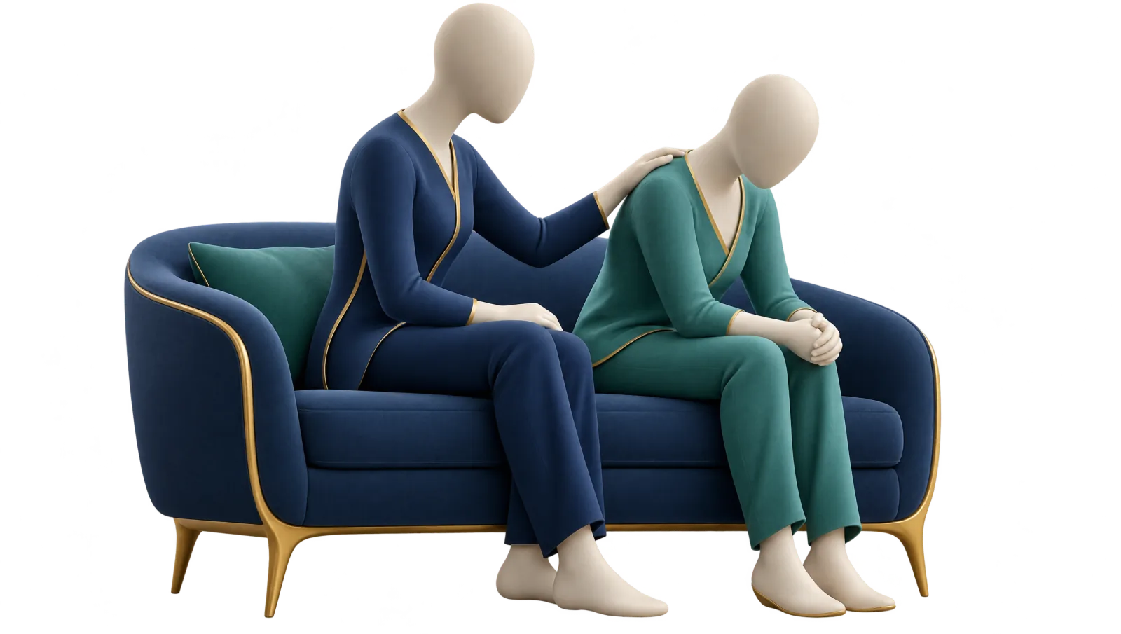 Zwei gesichtslose Figuren auf einem Sofa; die eine legt der anderen, nach vorn gebeugten, unterstützend die Hand auf die Schulter.