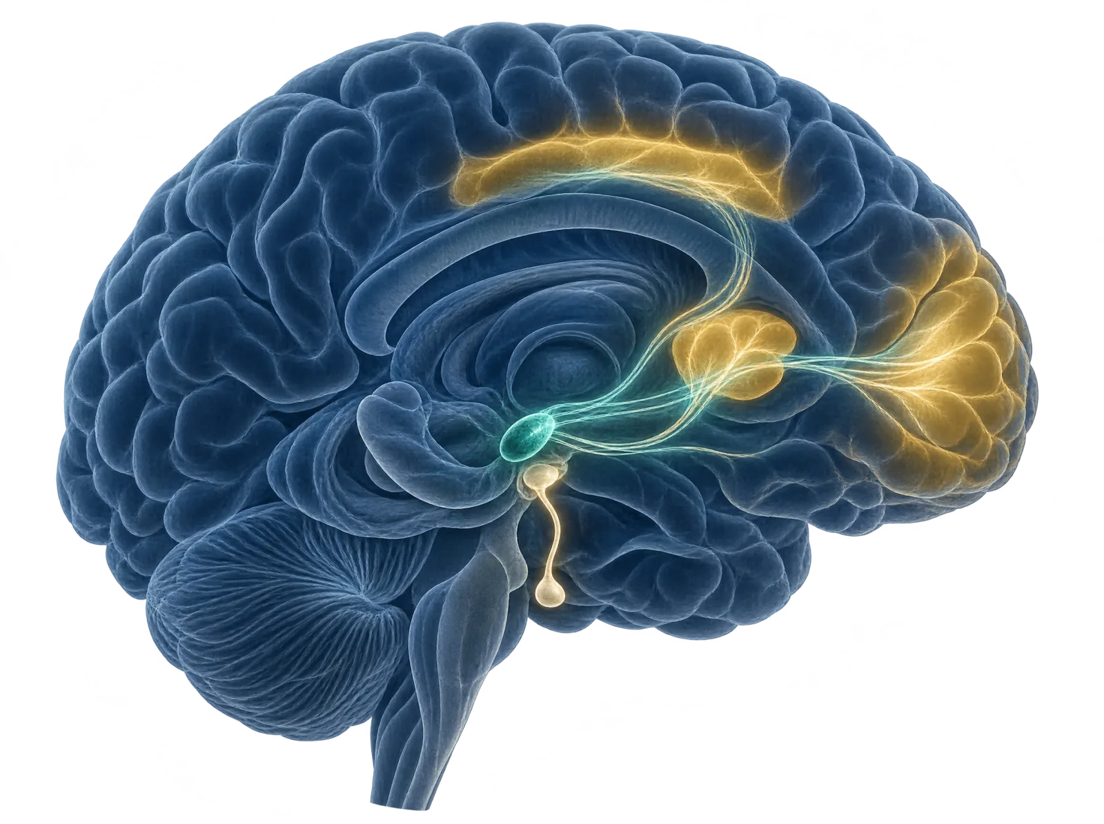Gehirn in Seitenansicht: Die Amygdala leuchtet blaugrün und ist mit dem vorderen Gyrus cinguli und dem Stirnhirn verbunden; eine helle Linie zur Hirnanhangsdrüse steht für die Stressachse.