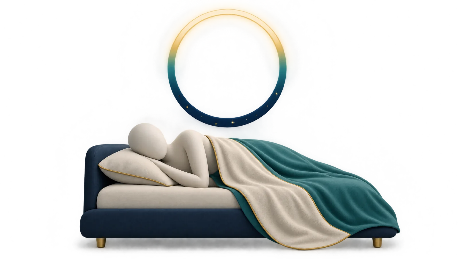 Gesichtslose Figur schläft ruhig, darüber ein Lichtring, halb golden wie der Tag, halb dunkelblau mit Sternen wie die Nacht, als Sinnbild eines regelmäßigen Schlafrhythmus.
