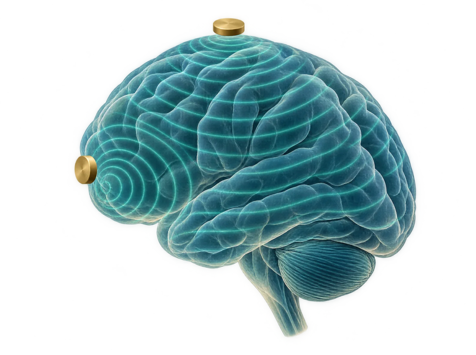 Gehirn in Seitenansicht mit zwei goldenen Elektrodenscheiben, von denen ruhige blaugrüne Wellen über die Hirnrinde laufen, als Schema der Elektrokonvulsionstherapie.