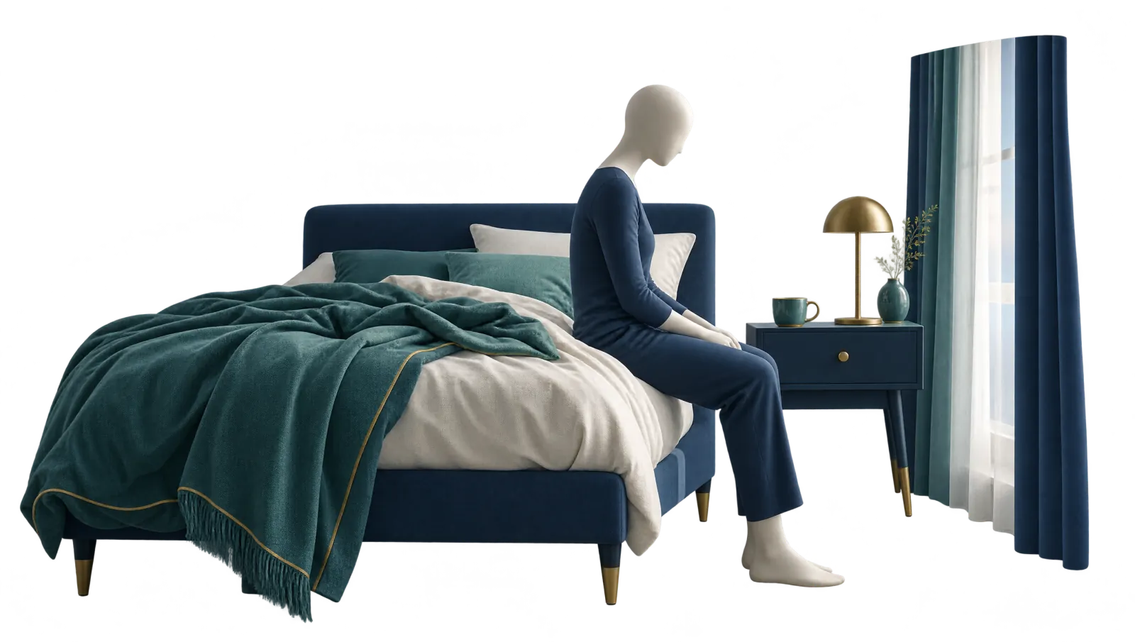 Gesichtslose Figur sitzt am Morgen auf der Kante eines ungemachten Bettes, die Hände im Schoß, neben ihr ein helles Fenster.