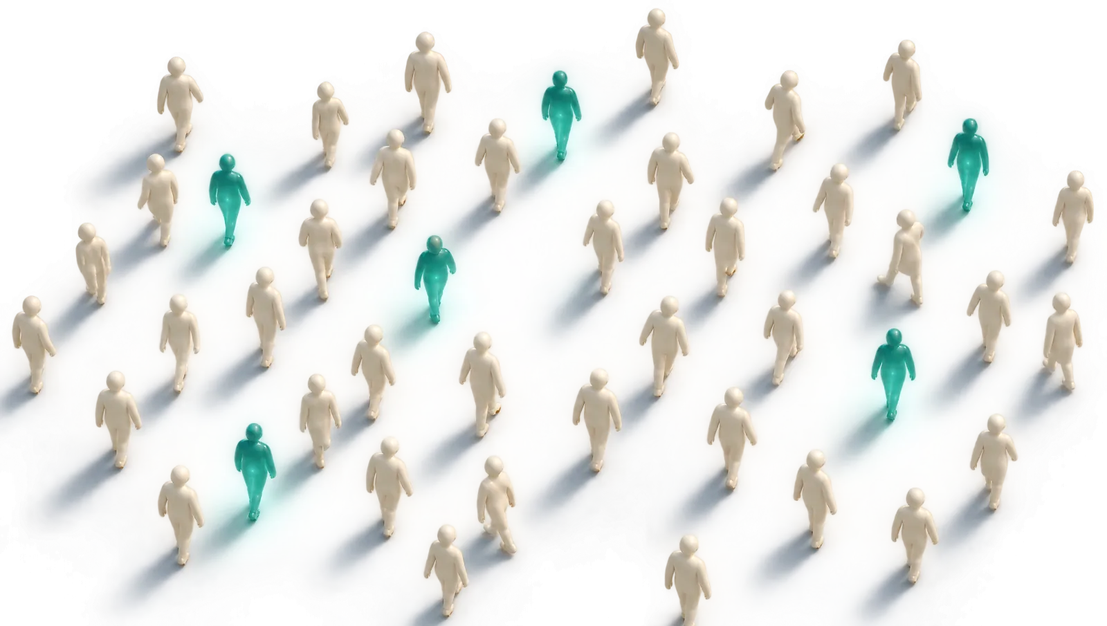 Viele kleine gesichtslose Figuren von oben, einzelne leuchten blaugrün, als Sinnbild dafür, dass Depressionen häufig sind (nicht maßstäblich).