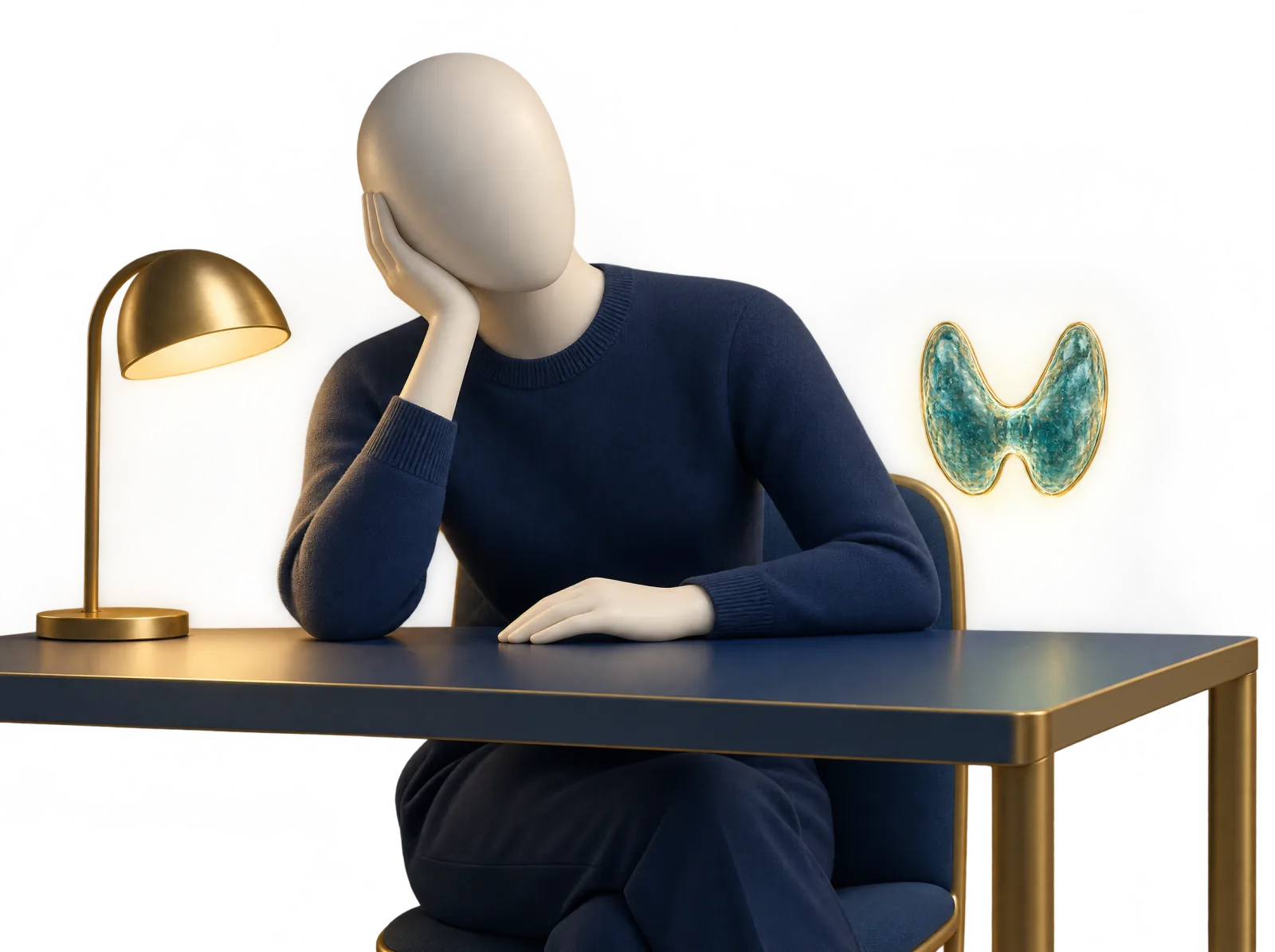 Gesichtslose Figur sitzt müde am Schreibtisch und stützt den Kopf in die Hand; daneben schwebt eine gläserne Schilddrüse (Fallvignette, keine reale Person).