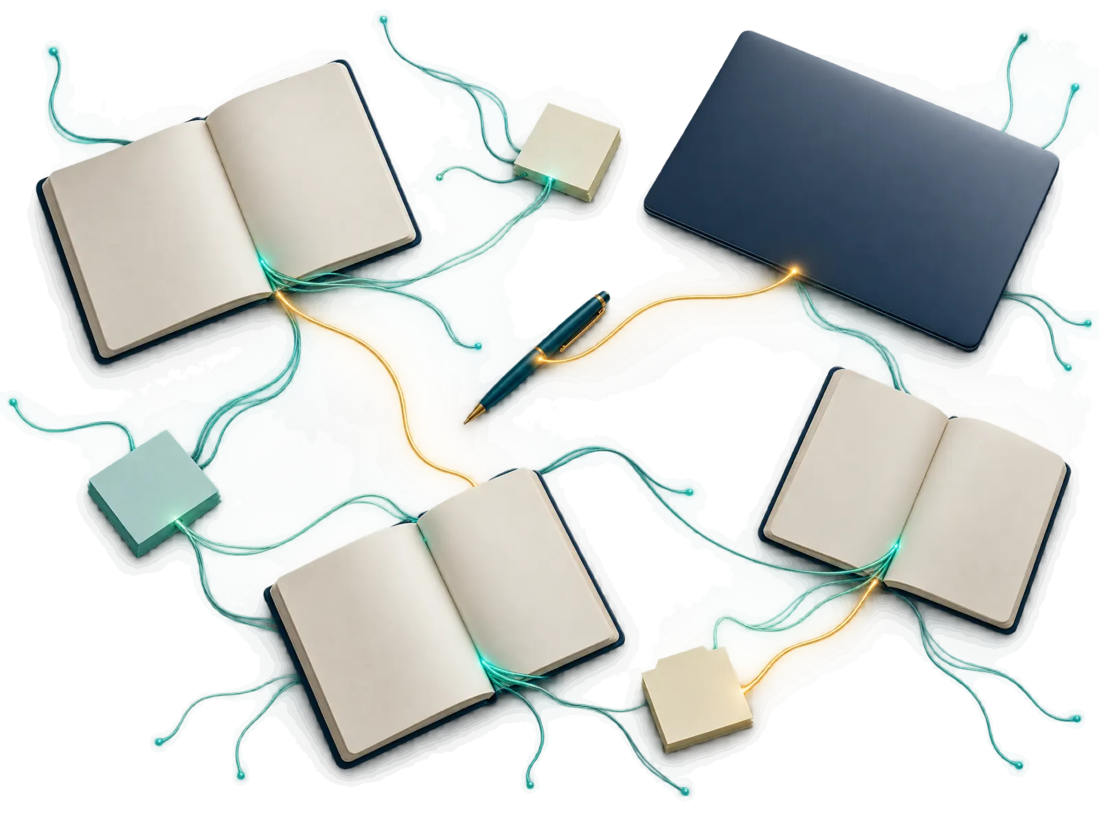 Leere Notizbücher, Notizzettel, ein Stift und ein Laptop von oben; blaugrüne Fäden laufen in viele Richtungen, ein goldener Faden verbindet einige davon (Fallvignette).