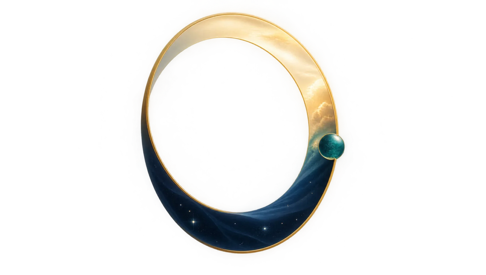 Ein goldener Ring, oben in warmes Morgenlicht, unten in eine Sternennacht getaucht, mit einer blaugrünen Kugel am Übergang von Nacht zu Morgen, als Sinnbild des Tag-Nacht-Rhythmus.