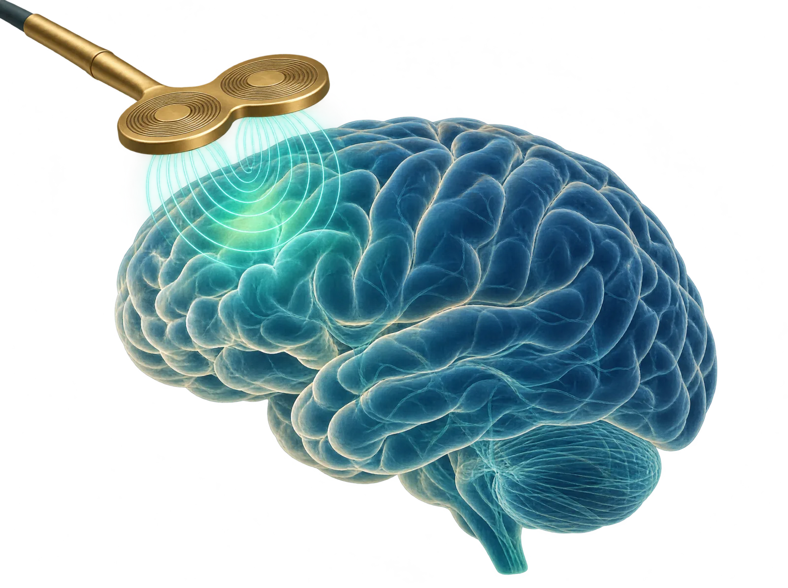 Gehirn in Seitenansicht, über dem linken Stirnhirn eine goldene Achter-Spule, deren Magnetfeldlinien in einen kleinen Rindenbereich reichen, als Schema der repetitiven transkraniellen Magnetstimulation.