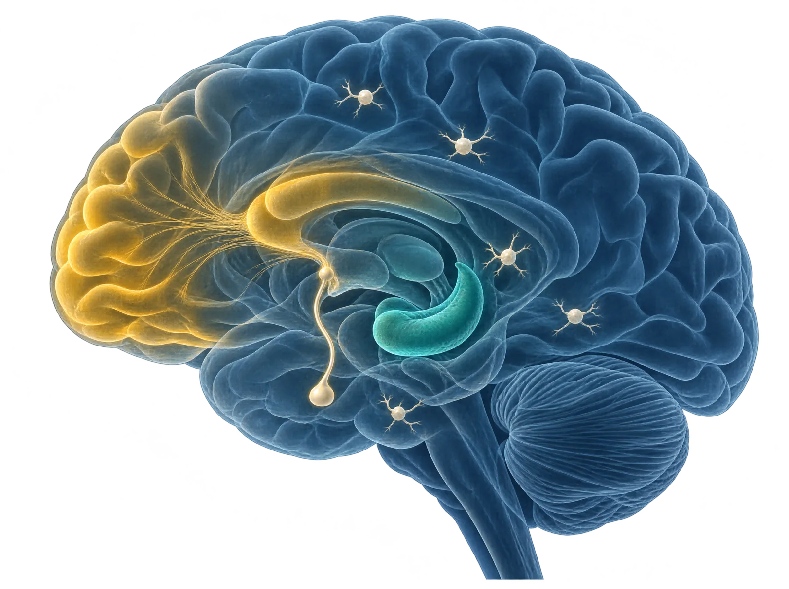 Gehirn im Längsschnitt: Stirnhirn und vorderer Gyrus cinguli leuchten golden, der Hippocampus blaugrün, eine helle Linie zur Hirnanhangsdrüse steht für die Stressachse, kleine verzweigte Zellen für das Immunsystem.