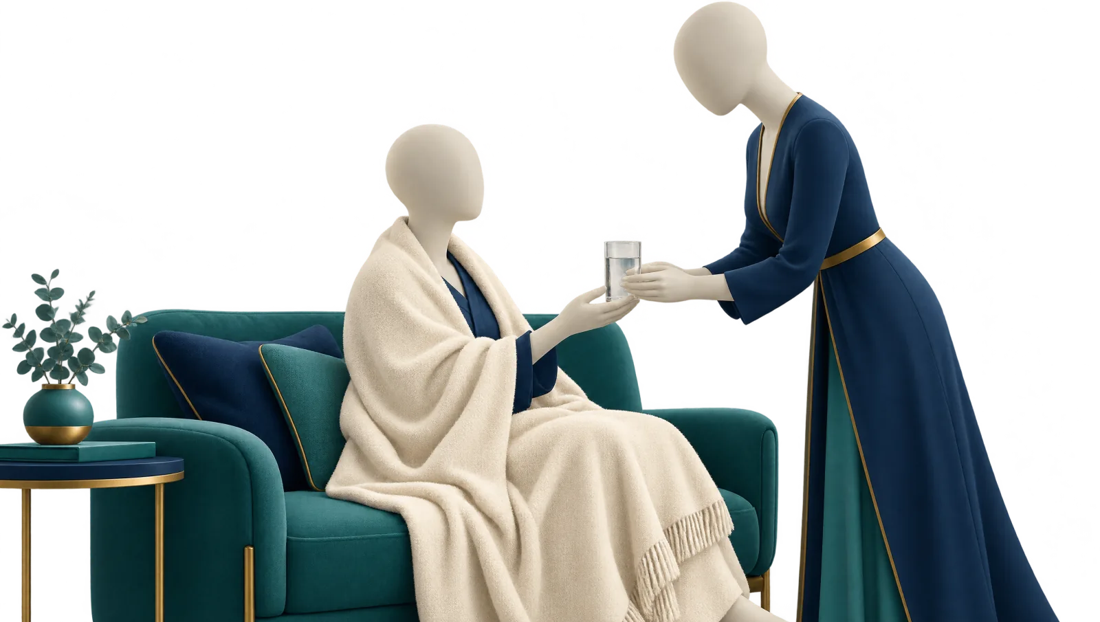 Illustration: zwei gesichtslose Porzellanfiguren in einem hellen Wohnzimmer; eine sitzt in eine Decke gehüllt auf dem Sofa, die andere reicht ihr ein Glas Wasser.
