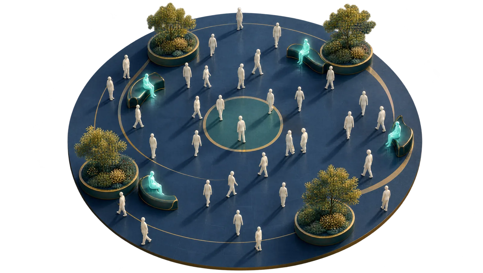 Illustration: runder Platz von oben mit vielen kleinen hellen Figuren; einige sitzen und leuchten (Sinnbild, nicht maßstäblich).