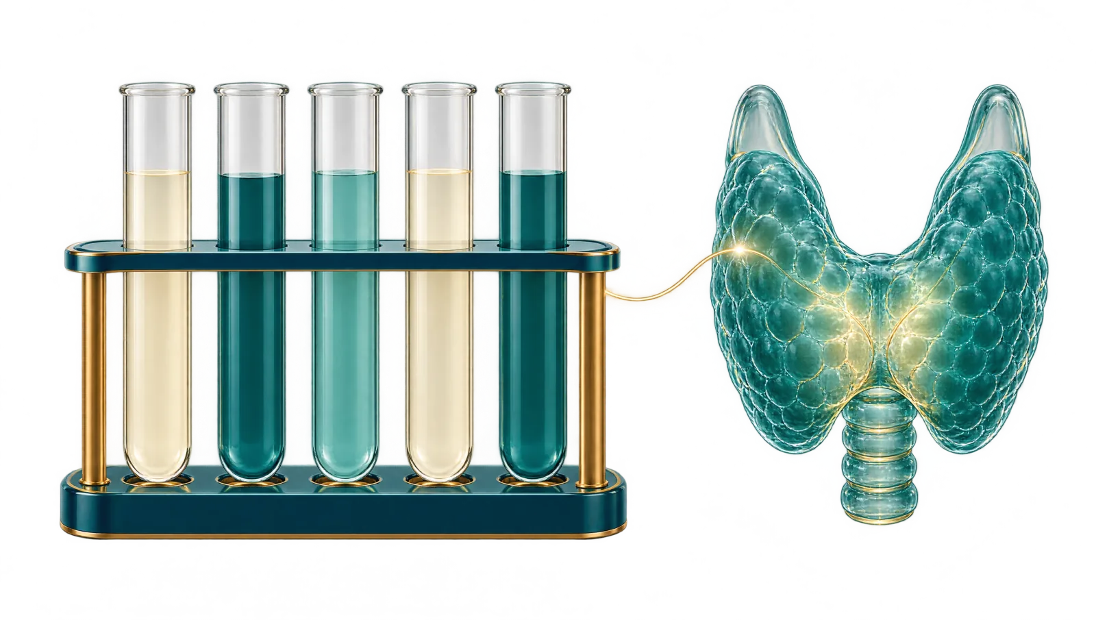 Illustration: Ständer mit Probenröhrchen ohne Beschriftung und eine gläserne Schilddrüse, durch eine feine Lichtlinie verbunden.