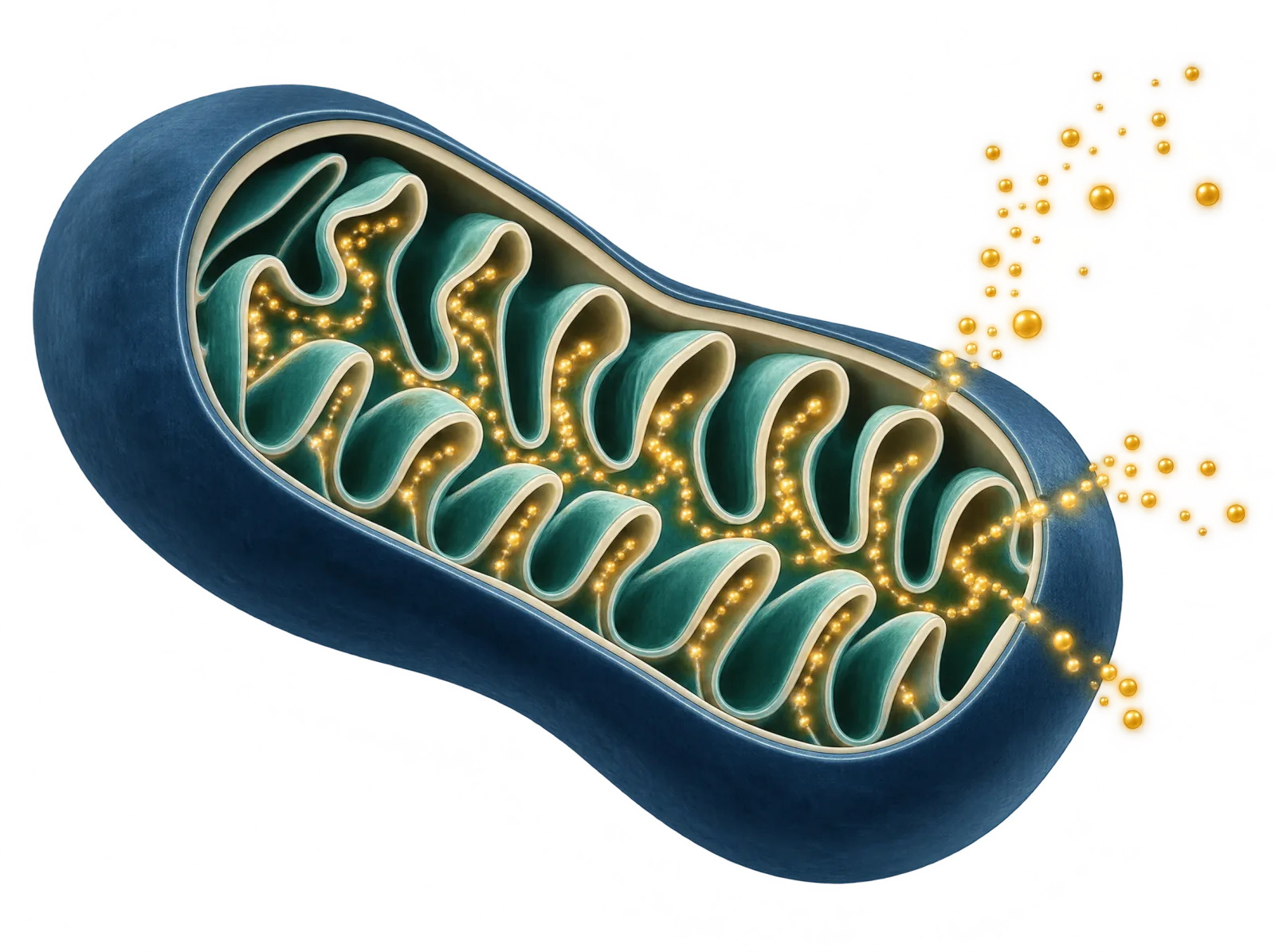 Illustration: Querschnitt eines Mitochondriums mit gefalteter Innenmembran, aus der goldene Lichtpunkte austreten (Sinnbild der Energiegewinnung).