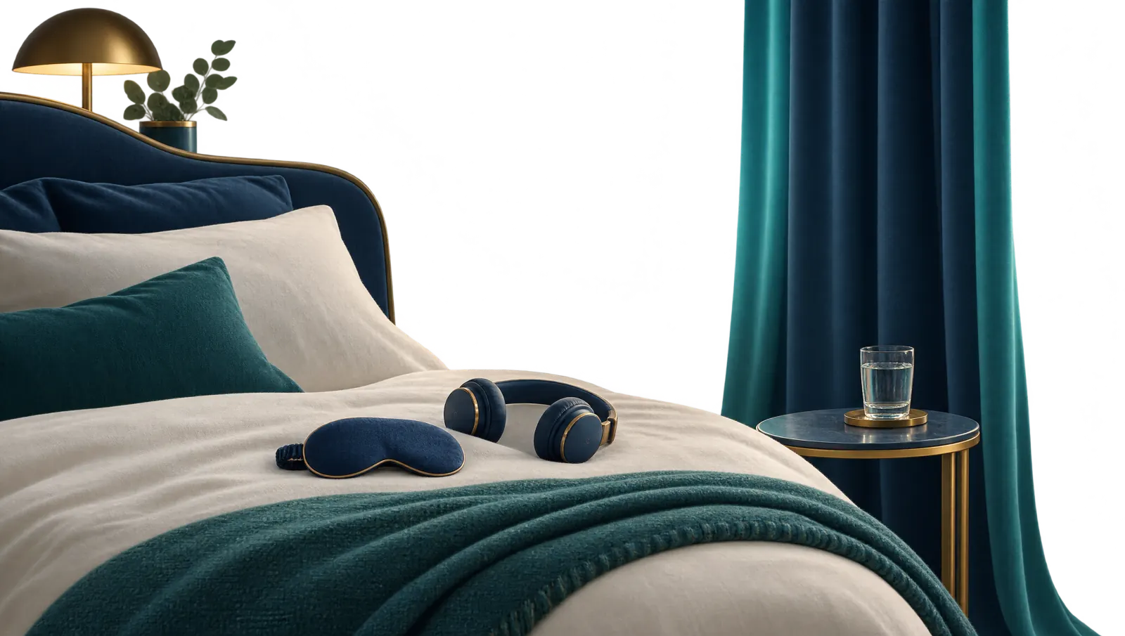 Illustration: ruhiges Schlafzimmer mit gemachtem Bett, Schlafmaske und Kopfhörern, zugezogenen Vorhängen und einem Glas Wasser, ohne Personen.
