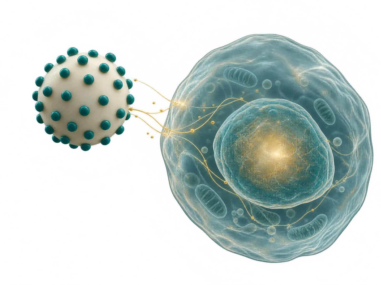 Illustration: glatte Viruspartikel-Kugel mit kleinen Noppen neben einer großen, durchscheinenden Zelle (Sinnbild, kein bestimmter Erreger).