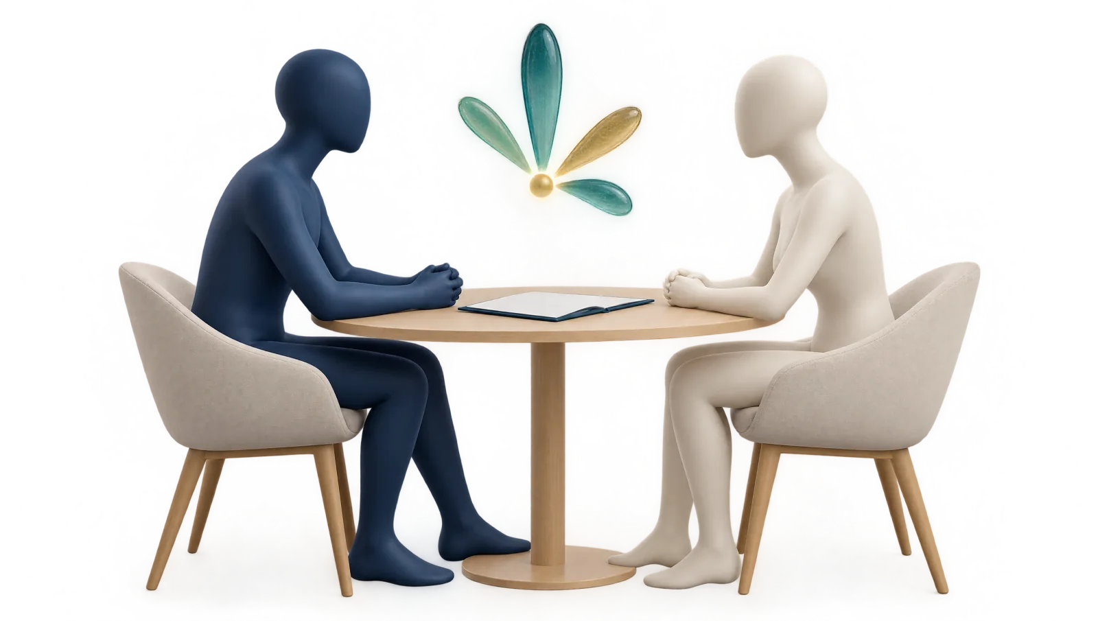 Zwei gesichtslose Figuren sitzen sich im Gespräch gegenüber, darüber schwebt ein gläsernes Profil, als Sinnbild für eine sorgfältige, dimensionale Diagnostik im Gespräch.