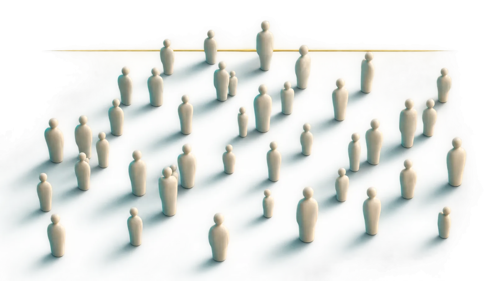 Viele kleine gesichtslose Figuren von oben auf einer ruhigen Fläche, als Sinnbild für die Bevölkerung (nicht maßstäblich).