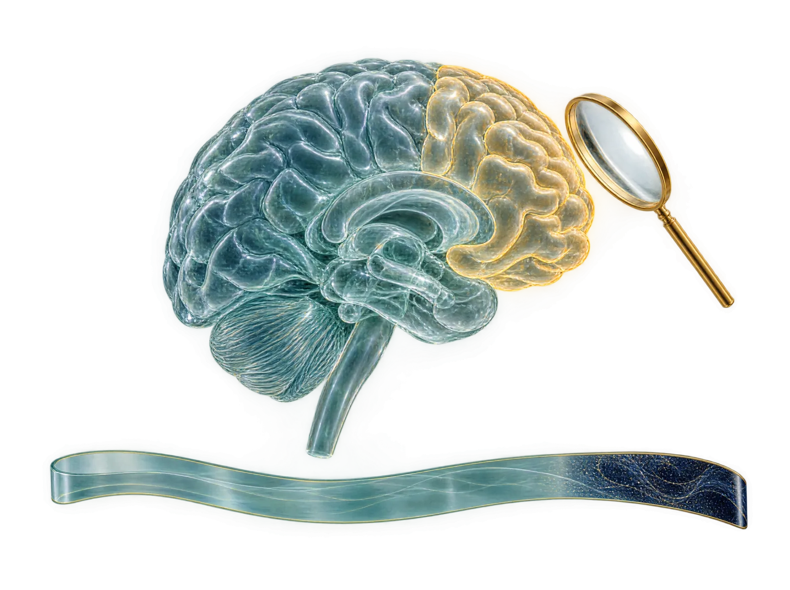 Ein gläsernes Gehirn mit golden hervorgehobenem Stirnlappen und einer Lupe, darunter ein Zeitband, das sich erst spät verändert, als Sinnbild für die neurologische Abklärung einer späten Wesensänderung (Fallvignette).